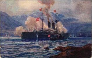 Vernichtung der Lovcen-Batterien durch SMS Radetzky in der Bocche di Cattaro. K.u.K. Kriegsmarine / WWI Austro-Hungarian Navy art postcard, SMS Radetzky pre-dreadnought battleship in the Bay of Kotor. M. Schulz 1915. (fa)