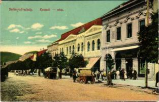 Székelyudvarhely, Odorheiu Secuiesc; Kossuth utca, Budapest szálloda, dohánytőzsde. Becsek D. Fia kiadása / street view, hotel, tobacco shop (fl)