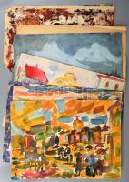 Durkó Gábor (1916-2003), össz. 8 db mű: Városrészletek (közte Szarajevói részlet), tájképek akt, absztrakt kompozíciók. Akvarell, monotípia, papír, egyik jelzett, részben sérült, 30x42 cm körüli méretekben