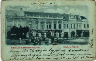 1899 (Vorläufer) Kézdivásárhely, Targu Secuiesc; Fő tér este holdfényben, kerekes kút, Zalaváry Béla üzlete. Turóczi István kiadása / main square at night in moonlight, well, shops (kopott sarkak / worn corners)