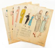 Butterick Patterns U.S.A. női divatillusztrációk, mérettáblázatokkal, 6 db kétoldalas nyomtatvány, változó állapotban, részben foltos, 35,5x25,5 cm