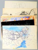 Durkó Gábor (1916-2003), össz. 9 db mű: Városrészletek, több alakos kompozíciók, tájképek, absztrakt kompozíciók. Akvarell, ceruza, monotípia, papír, részben jelzett, részben sérült, 30x44 cm körüli méretekben
