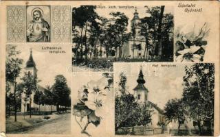 1906 Gyúró, Római katolikus templom, Luteránus (evangélikus) templom, Református templom. Frida és Társa, Nagy Béla kiadása. Art Nouveau, floral (fl)