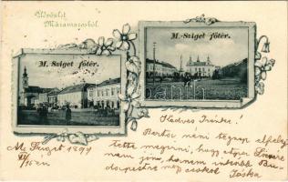 1899 (Vorläufer) Máramarossziget, Sighetu Marmatiei; Fő tér, piac, üzletek. Wizner és Dávid kiadása, szecessziós-virágos keret / main square, market, shops. Art Nouveau, floral frame (fl)