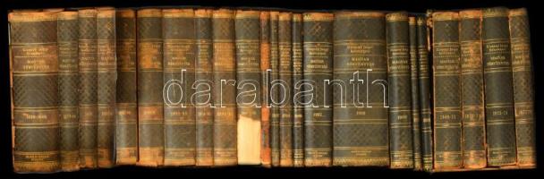 Corpus Juris Hungarici. Magyar Törvénytár Milleniumi emlékkiadás 28 (23+1+2+2) kötete. Közte: 1526-1608. évi törvényczikkek, 1740-1835.- , 1869-1871. - , 1872-1874. - , 1875-1876.-, 1877-1878.-, 1879-1880.- , 1881.- , 1882-188.-, 1887-1888.-, 1889-1891.-, 1892-1893.-, 1894-1895.-, 1896-1897.-, 1898-1899.-, 1902.-,1903.-,1904.-, 1906.-, 1907.-, 1908.-, 1909.-, 1910.-,1911.-,1913.-, 1916.-, 1917.- évi törvényczikkek. A Magyar Törvénytár betűrendes tárgymutatója 1000-1902. Bp.,1899-1918,Franklin. 3 féle kiadói kötésben, valamint 1 kötet átkötött egészvászon-kötés. Kiadói aranyozott gerincű félbőr-kötések (23+2 kötet), kopott borítókkal, néhány sérült gerinccel, valamint kiadói félvászon-kötés, kopott borítókkal, változó állapotban. + 1881-ik évi országgyűlési törvényczikkek. Bp., 1881, Ráth Mór. Korabeli egészvászon-kötés, kopott borítóval.