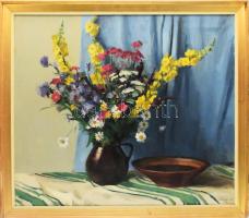 Csabai Kálmán (1915-1992): Virágcsokor. Olaj, vászon, jelzett, hátoldalán Képcsarnok Vállalat címkéjével, mely szerint szerepelt a Mednyánszky teremben rendezett kiállításon, dekoratív fakeretben, 70×80 cm