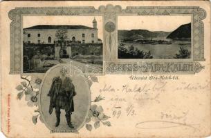 1899 (Vorläufer) Ada Kaleh, Moschee und Festungsthor, Inselfestung Ada Kaleh, Türke / Mecset és várkapu, erőd, török férfi. Mehemed Fehmi kiadása, szecessziós-virágos keret / mosque and castle gate, fortress, Turkish man. Art Nouveau, floral (EM)