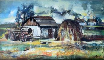 Fodor József (1935-2007): Tanyavilág, 1980-as évek eleje. Olaj, farost, jelezve jobbra lent, hátoldalán autográf felirattal és Képcsarnok Vállalat címkéjével, mely szerint szerepelt a Mednyánszky teremben rendezett kiállításon. Üvegezett fakeretben, 33×56 cm