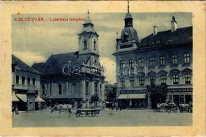 1910 Kolozsvár, Cluj; Luteránus (evangélikus) templom, Központi szálloda, Pap Ernő, Medgyesy és Nyegrutz, Biasini Sándor üzlete, gyógyszertár / Lutheran church, hotel, shops, pharmacy (fl)