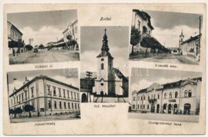 1941 Zsibó, Jibou; Rákóczi út, Kossuth utca, Járásbíróság, Református templom, Mezőgazdasági bank, üzletek. Végh kiadása / street view, district court, Calvinist church, bank, shops + "NAGYBÁNYA - KOLOZSVÁR 319. sz" vasúti mozgóposta bélyegző (fl)