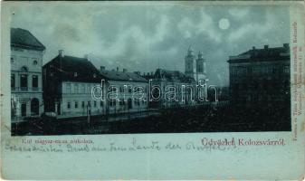 1898 (Vorläufer) Kolozsvár, Cluj; Külső Magyar utca torkolata este holdfényben, Rákosy üzlete. Ferencz és Társa fényképészeti műterméből / street view at night in moonlight, shops (r)