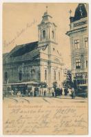 1901 Kolozsvár, Cluj; Kossuth Lajos utca, Evangélikus templom, Pap Ernő, Medgyes üzlete / street view, Lutheran church, shops (EK)