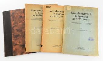 Kereskedelmünk és iparunk az 1928., 1929., 1930., 1939. évben. (4 kötet). Bp., 1929-1940, Budapesti Kereskedelmi és Iparkamara. Kiadói papírkötés / átkötött félvászon-kötés, változó állapotban, kisebb sérülésekkel, intézményi bélyegzőkkel.
