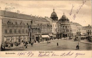 1905 Kolozsvár, Cluj; Mátyás király tér, Anker, Jeney Lajos, Deutsch József, Frank Kiss János fiai üzlete. Schuster Emil kiadása / square, shops (EK)