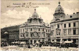 1905 Kolozsvár, Cluj; Mátyás király tér, Jeney Lajos, Deutsch József, Frank Kiss János fiai üzlete, piac, Magyar-Francia biztosító társaság. Fuhrmann Miklós kiadása / square, shops, market, insurance company