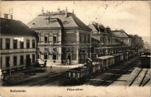 1906 Kolozsvár, Cluj; Pályaudvar, vasútállomás, vonat. Schuster Emil kiadása / railway station, train (r)