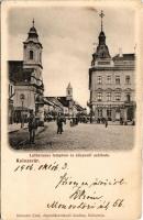 1906 Kolozsvár, Cluj; Lutheránus (evangélikus) templom és Központi szálloda, Medgyesy és Nyegrutz üzlete. Schuster Emil kiadása / Lutheran church, hotel, shops (EK)