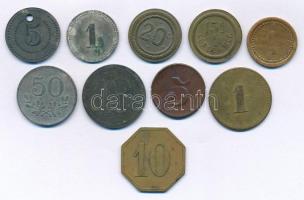 Vegyes, 10db-os külföldi zseton / játékpénz / szükségpénz tétel (különböző névértékekkel), közte Ausztria DN "Berndorfer Metallwarenfabrik Arthur Krupp AG" kétoldalas Zn bárca (21mm) T:XF-F, patina, egyik lyukasztott Mixed 10pcs lot of foreign jeton / token / necessity money (-with different value), including Austria ND "Berndorfer Metallwarenfabrik Arthur Krupp AG" two-sided Zn token (21mm) C:XF-F, patina, one of them holed