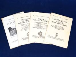 Horváth Elemér: Tanulmányok a régi Pest-Budáról. - Karcok Budapest múltjából. - Történetek az öreg Budáról és Pestről. - Írások Budapestről képekkel. [Négy helytörténeti munka négy füzetben.] Budapest, 1933-1940. Királyi Magyar Egyetemi Nyomda. 46 + [2] p.; 94 + [2] p.; 93 + [3] p.; 132 + [20] p. Egyetlen kiadás. Horváth Elemér olvasmányos stílusban írt művelődéstörténeti tárcái Budapest múltjából. A tartalomból: A Duna és hídjai Százötven év a pest-budai közlekedési eszközök életéből Töredékek a gázvilágítás történetéből A Mátyás-templom Buda és Pest a kuruc idők alatt A Belváros 1863-64-ben és ma A biedermeier kor Pest-Budán Milyen volt Budapest ezer évvel ezelőtt és milyen lehet ezer év múlva Nagyvásárok a régi Pest-Budán Humoros írások A Várszínház A Fővárosi Múzeum A Várhegy alatti Alagút Közbiztonságunk múltja A Hal-tér és a Hal-téri kút A budapesti utcák Pesti képek, hangulatok Gellérthegy a csillagvizsgáló toronnyal Nepomuki Szent János szobra a régi pest-budai hajóhídon A belvárosi plébániatemplom A Ferenc József tér régen és ma A romantikus Tabán Az első és harmadik kötet utolsó oldalán tulajdonosi bejegyzés. Az utolsó kötet egész oldalas felvételekkel illusztrált. Fűzve, illusztrált kiadói borítóban, nagyrészt felvágatlan, jó példányok.
