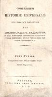 Kereszturi József Alajos:  Compendium historiae universalis. Systematice deductum per Josephum Aloys. Kereszturi. Pars prima: Complectens res a Mundo condito usque Aeram Augusteam. Pestini, 1817-1823. Typis Joan. Thopm. Trattner. 597 + [3] p. Egyetlen kiadás. Keresztury József Alajos (1755-1825) történész, a Nagyváradi Királyi Katolikus Jogakadémia történelemtanára. Latin nyelvű egyetemes történelmi áttekintése három kötetben jelent meg, kötetünk a teljes mű önmagában is megálló, első része. A szerző a történelemírás korszakolási és elbeszélési problémáinak tárgyalása után Ádámtól Augustus koráig tárgyalja a világtörténelem menetét, az egyiptomi, zsidó, görög, perzsa és római idők tárgyalásával. Példányunk első két, illetve utolsó négy levele japán papírral javított, első három íve levelén a szövegtörzs alatt halvány foltosság, a további levelek alján halvány vízfoltosság. Javított, restaurált korabeli kartonkötésben, későbbi papírtokban.