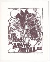 König (Kőnig) Róbert (1951-2014): Ex libris Arató Antal, 1996. Linómetszet, papír, jelzett, művészpéldány E.A. II/III számozással. 11,5x9 cm