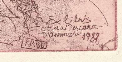 König (Kőnig) Róbert (1951-2014): Ex libris Citta di Pescara, Ovidius metamorphosis,1988. Színes réz...