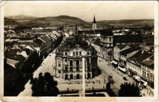 1938 Kassa, Kosice; Stefánikova ulica a divadlo. Fried / Stefánik utca, Színház, üzletek, automobil, villamos / street view, theatre, shops + "1938 KASSA VISSZATÉRT" So. Stpl (szakadás / tear)