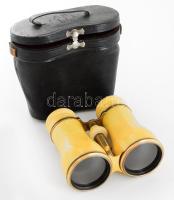 cca 1900 Simon Waldstein színházi látcső, jelzett a távcsőn, jelzett a tokban, repedésvonallal, 10,5x12 cm