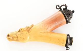 Antik lófej figurális pipa, faragott tajtékkő, alpakka szerelék, h: 12 cm