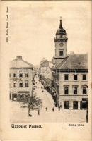 1903 Pécs, Király utca, takarékpénztár, gyógyszertár, férfi és gyermekruha raktár. Kiadja Blancz József