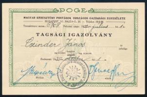 1935 Bp. VI., Magyar Keresztény Postások Országos Gazdasági Egyesülete tagsági igazolvány