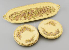 Zsolnay aranykontúrozott virágmintás 6 személyes süteményes készlet, jelzett, teljes, hibátlan.