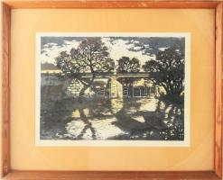 Mészáros Lajos (1925-1971): Zagyvahíd. Linómetszet, papír, jelzett, üvegezett fakeretben, 25×35 cm