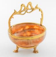 Bronz ékszertartó, ónix tállal, 3 lábon, m: 12 cm