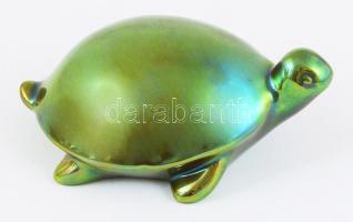 Zsolnay kisplasztika - Teknős. Eozinmázakkal bevont öntött fajansz, jelzett, hibátlan, 10x6,5 cm