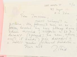 1987 Szeleczky Zita (1915-1999) színésznő 3 db személyes hangvételű levele, részben saját kezű, rész...