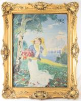 Illencz Lipót (1882-1950): Lány virágokkal. Olaj, vászon, jelezve balra lent. Dekoratív fakeretben, 80×60 cm. / oil on canvas, signed, framed