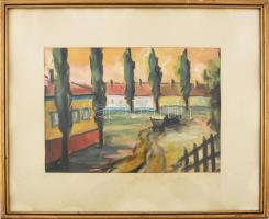 Gaál Lajos jelzéssel: Színes táj szekérrel. Olaj, karton. Üvegezett fakeretben. 24x34 cm