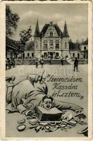 1942 Kassa, Kosice; Szerencsésen Kassára érkeztem! Humoros montázs a vasútállomáson, automobil / humorous montage, arriving at the railway station, automobile (EB)