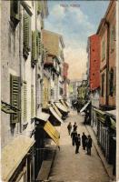 1917 Pola, Pula; Corso / korzó, üzletek / street, shops + "K.U.K. MARINEFELDPOSTAMT POLA" "Zensuriert SMS Viribus Unitis" (vágott / cut)