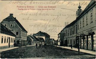 1908 Vinkovce, Vinkovci; Dugacka ulica sa Postom / Lange Gasse mit der Post / Hosszú utca, posta, Emanuel Marberger üzlete. W.L. 744. (?) / street view, post office, shops (EB)