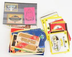 Vegyes italcímkék, gyufacímkék, Volán jegyek, 1984-es Malév zsebnaptár, stb.