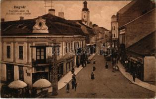 Ungvár, Uzshorod, Uzhhorod, Uzhorod; Nagyhíd és Rákóczi utcai részlet. Vasúti Levelezőlapárusítás 2450. / street + "K.u.k. Militärzensur Sitz der Kommission: Ungvár" (gyűrődés / crease)