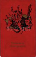 1916 Üdvözlet a Krampusstól! Krampusz virgáccsal / Greetings from Krampus. Emb (EK)