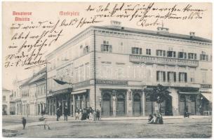 1910 Beszterce, Bistritz, Bistrita; Fő tér, Beszterce Vidéki Takarékpénztár, Kollmann és Keresztes, Otto Adam, Glokner és Gajzágó üzlete / main square, savings bank, shops