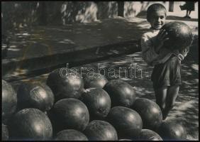 cca 1938 Dinnye a kecskeméti nagy piacon, hátoldalon feliratozott és pecsételt fotó, jó állapotban, 12×17 cm