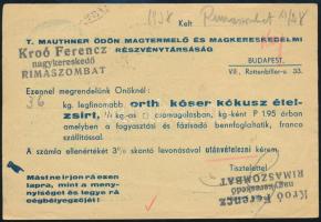 1938 Mauthner Ödön ételzsír megrendező lap Budapestre küldve 4f Kék portóval "RIMASZOMBAT / VIS...