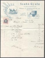 1912 Szabó Gyula budapesti patkoló és kovácsmester 2 filléres okmánybélyeggel ellátott számlája dekoratív fametszetes fejléccel, hajtva, jó állapotban