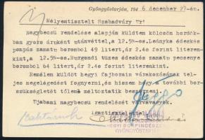 1946 Mészáros András gyöngyöstarjáni pincészetének reklámos levelezőlapja érdekes tartalommal, saját...