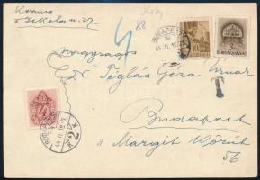 1944 Helyi levelezőlap 13f vegyes bérmentesítéssel, 4f Barnaportó bélyeggel "BUDAPEST"